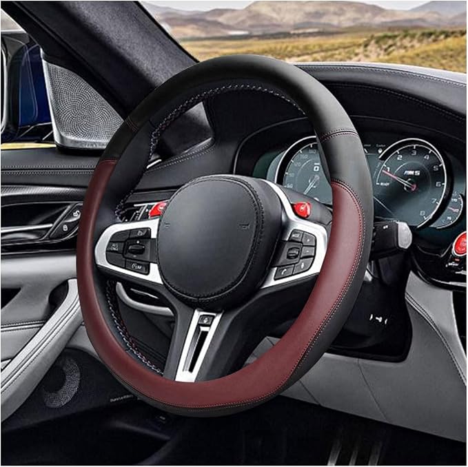 LAINLOY 15" Car Steering Wheel Cover, Microfiber Leather Cover, Burgundy | Anti-Slip Breathable Steering Wheel Decoration, Universal Steering Wheel Accessories for Diverse Cars