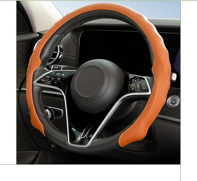 Car Steering Wheel Cover, 15 inch Nappa Leather Anti-Slip & Ultra-Thin 5D Vehicle Steering Wheel Protector, Breathable Automotive Interior Accessories, Universal Fit (Orange)