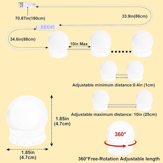 LED Vanity Lights for Mirror, Consciot Hollywood Style, Adjustable Color & Brightness, USB Cable, Stick on for Makeup Table Dressing Room Mirror (14)