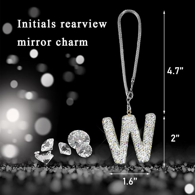 DXNQ Bling Initial Car Rear View Mirror Ornament, Crystal Sparkling Cute Letter Charm Pendant Auto Decor, Hanging Lucky Diamond Initial Charm Car Mirror Bag Ornament for Girl Women (Letter W)