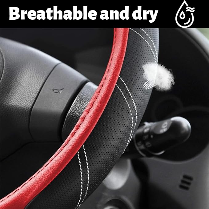 Car Steering Wheel Cover, 15 Inch Leather Breathable Auto Wheel Protection Cover with Non-Slip Lining, Padded Soft Grip Vehicle Steering Protector, Universal Fit (Black/Red)
