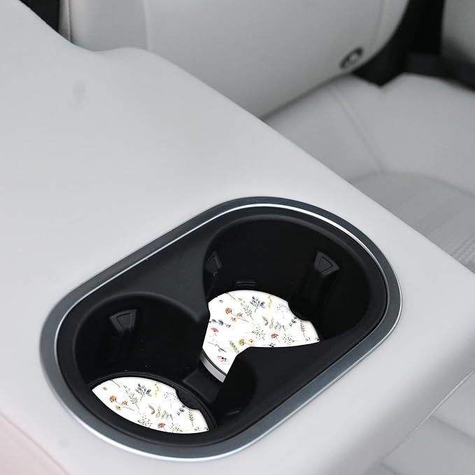 Cute Small Flower Ceramic Cup Holders - Pack of 2, Keep Cup Holders Clean and Dry, Drink Cup Car Holder Coasters with A Finger Notch
