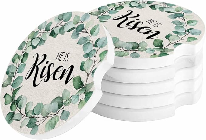 Car Coasters for Cup Holders 2.6"Dia Absorbent Coasters Set of 6 Car Interior Accessories for Women Men Spring Summer Eucalyptus Leaves Linen Bottom Ceramic Car Coaster for Drinks with Finger Grooves