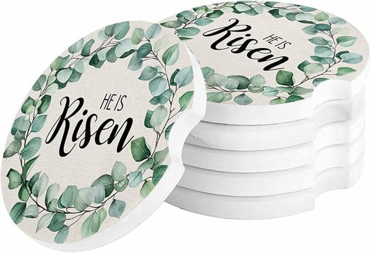 Car Coasters for Cup Holders 2.6"Dia Absorbent Coasters Set of 6 Car Interior Accessories for Women Men Spring Summer Eucalyptus Leaves Linen Bottom Ceramic Car Coaster for Drinks with Finger Grooves