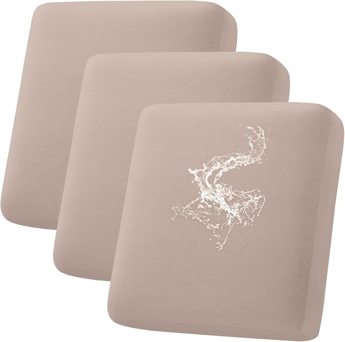 hyha Waterproof Couch Cushion Covers, Stretch Sofa Couch Seat Slipcover for Dog Washable, Non-Slip Waterproof Outdoor Cushion Covers for Patio Furniture Replacement (3 Pieces, Taupe)