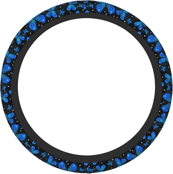 Blue Butterfly Black Steering Wheel Cover for Women Men Girls Car Accessories Decor Anti-Slip Neoprene Auto Steering Wheel Covers Protector Universal 15 Inch