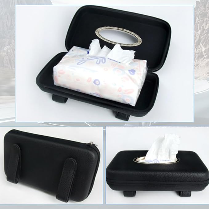Car Sun Visor Tissue Holder, Leather Stylish Vehicle Visor Backseat Napkin Organizer Box with Zipper, Auto Interior Sunvisor Paper Towel Mask Dispenser Case, Universal for SUV Van RV (Black)