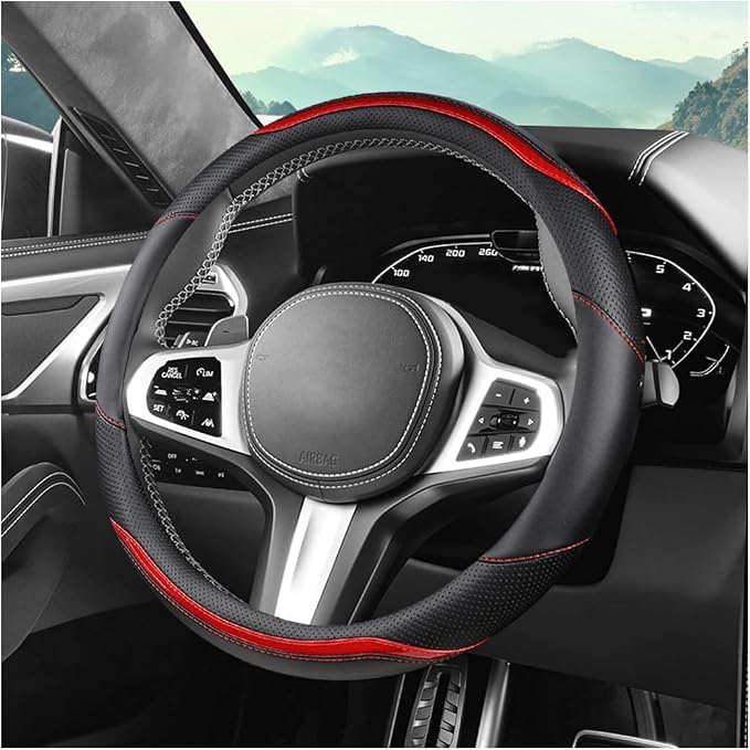 Car Steering Wheel Cover, Carbon Fiber Breathable Vehicle Steering Wheel Cover Wrap with Anti-Slip Lining, Automotive Interior Decorative Accessories, Universal for SUV RV Truck (Red)