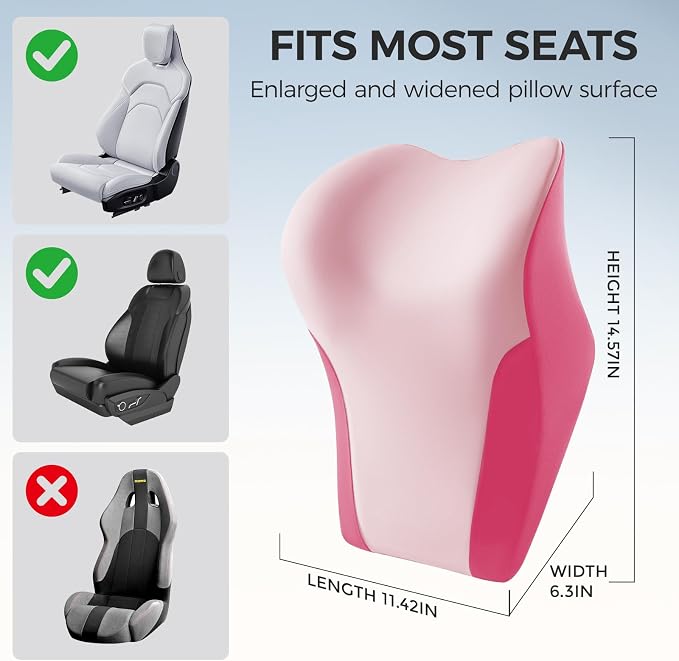 BABUR Car Headrest Pillow, Ergonomic Neck Support for Driving Seat 1 Pcs | Pink,100% Memory Foam,Universal Fit,Softness,Adjustable Strap,Breathable Removable Cover,Car Rest Pillow for Pain Relief