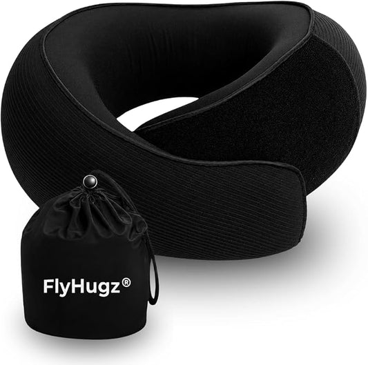 FlyHugz® Neck Travel Pillow Memory Foam Neck Pillow for Comfort on Airplane Compact and Ergonomic Design for Travel, Car Rides, and Home Use Ideal for Adults and Kids. (Midnight Black)