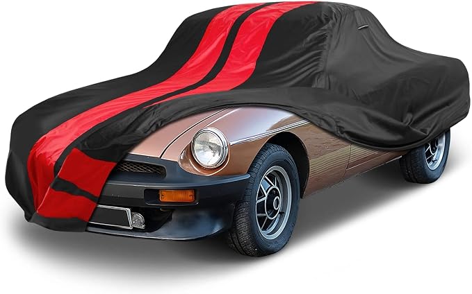 iCarCover Custom Car Cover for 1962-1981 MG MGB Roadster, GT Waterproof All Weather Rain Snow UV Sun Protector Full Exterior Indoor Outdoor Car Cover (Stripe - Black/Red)