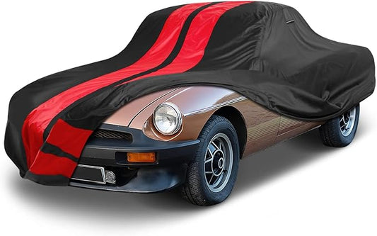 iCarCover Custom Car Cover for 1962-1981 MG MGB Roadster, GT Waterproof All Weather Rain Snow UV Sun Protector Full Exterior Indoor Outdoor Car Cover (Stripe - Black/Red)