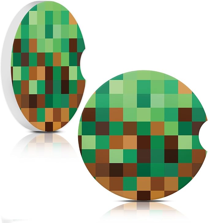 Green Brown Checkerd Car Coasters for Cup Holder Absorbent Ceramic Cup Coaster 2 Pack Anti Slip Car Interior Accessories with Finger Notch Cork Base for Women Men 2.56"