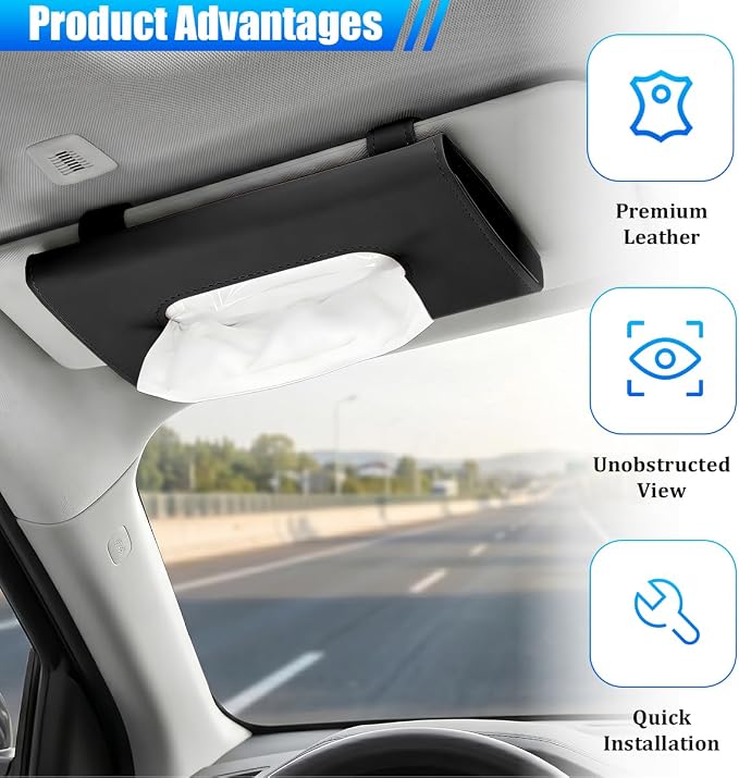 Car Tissue Holder, Rectangle Vehicle Sun Visor Napkin Case with Ergonomic Take Out Port, Automotive Interior Sunshade Tissue Box Organizer, Universal for SUV RV Truck (Black)