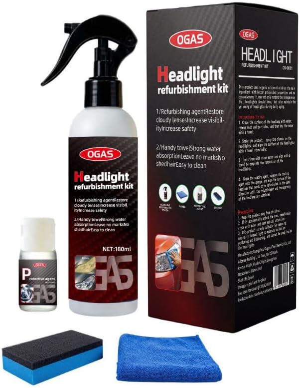 Headlight Restoration Polish Kit with Sponge and Towel, Car Headlamp Cleansing and Clarifying Cream for Cloudy Yellowed Lenses, Complete Auto Light Care Set, 6.08 fl.oz