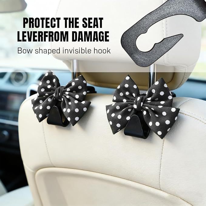 2PCS Car Seat Headrest Hooks, Car Purse Hook, Cute Bow Knot Vehicle Seatback Hanging Storage Organizer, Auto Seatback Decor Organizer Hanger for SUV Truck (Black/Polka Dot)
