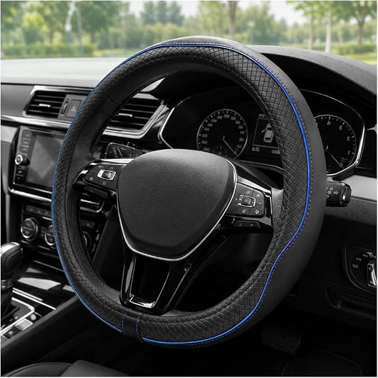 Car Steering Wheel Cover, 15 Inch Anti-Slip Breathable Leather Auto Steering Wheel Protector, Full Surround Soft Steering Wheel Cover for Men Women, Car Interior Accessories (Black & Blue)