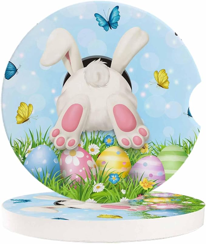 Small Car Coasters for Cup Holders 2.6" Dia Absorbent Coasters Set of 2 Car Interior Accessories for Women Men Watercolor Easter Bunny Butt in Grass Ceramic Car Coaster for Drinks with Finger Grooves