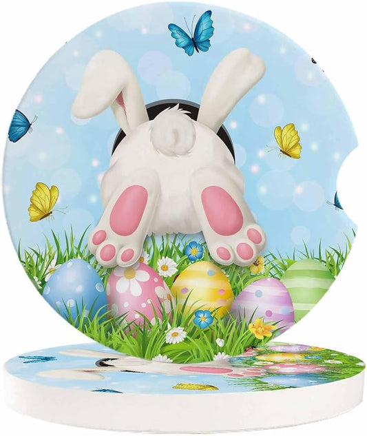 Small Car Coasters for Cup Holders 2.6" Dia Absorbent Coasters Set of 2 Car Interior Accessories for Women Men Watercolor Easter Bunny Butt in Grass Ceramic Car Coaster for Drinks with Finger Grooves