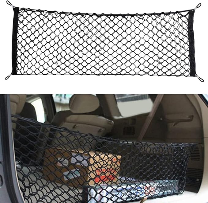 Car Rear Cargo Net, Universal Adjustable Elastic Trunk Cargo Storage Organizer Net, Double-Layer Storage Nylon Mesh Compatible for SUV, Jeep, Truck（43.3 x 15.7in）