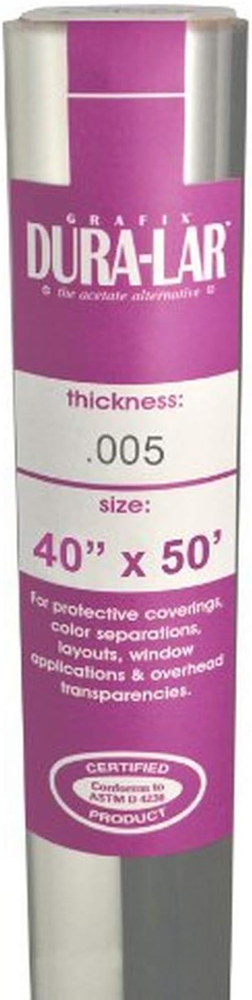 Grafix Dura-Lar 0.005" Film, Ultra Clear, Glossy 40" x50', Material, Mylar/Acetate Alternative for, Blank Stencils and Templates, Protection, Transparencies, Windows, Arts and Crafts, Roll
