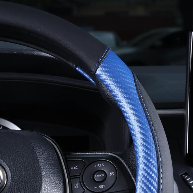 Steering Wheel Cover Blue - Premium Perforated Leather Sport Wrap with Carbon Fiber Texture and Odorless Rubber Non-Slip Inner, Universal Fit for Cars Trucks SUVS - 15 Inch (Blue)