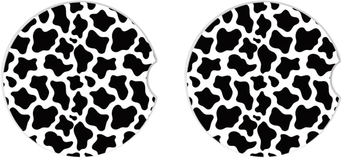 Cute Cow Print Animal Themed Black and White Ceramic Cup Holders Car Coasters Set for Women/Men,Drink Cup Car Holder Coasters with A Finger Notch 2.56" Pack of 2