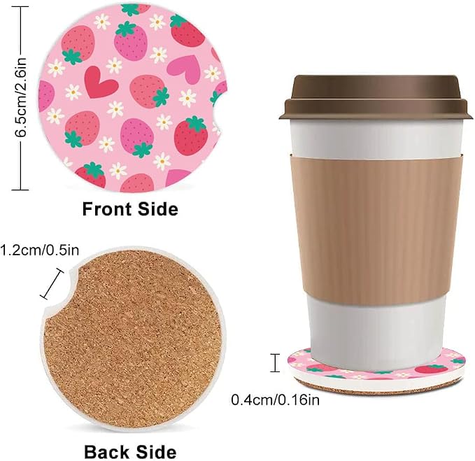Absorbent Car Cupholder Coaster 2 Pack, Cute Car Coasters with a Finger Notch for Women & Men,2.56" Ceramic Stone & Non-Scratch Cork Base Drink Coasters (Cute Strawberries)