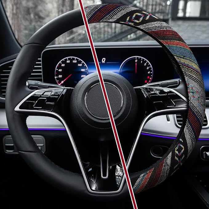 Boho Steering Wheel Cover, Ethnic Style Car Steering Wheel Cover Protector, Anti-Slip Flax Cloth Cover Universal Fits 14.5-15 Inch Steering Wheel, Interior Car Accessories(D Style)