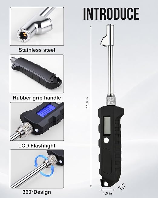 Digital Tire Pressure Gauge, Heavy Duty Stainless Steel Dual Head Tire Gauge 0-230 PSI with Flashlight & Backlit LCD, Car Accessories for RV Truck & Cars, 1 Pack