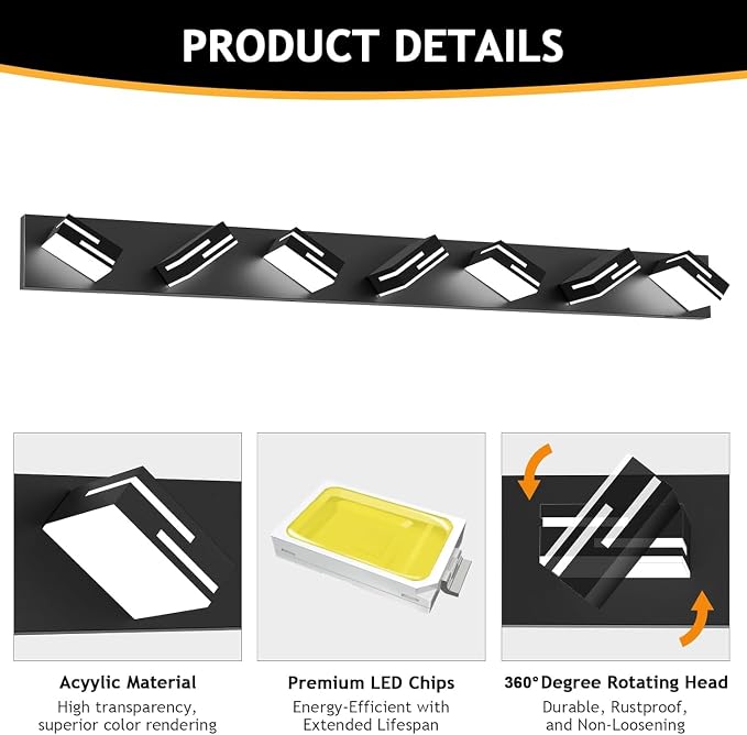 LED Modern Bathroom Vanity Light Fixtures, Dimmable Matte Black Vanity Lights for Bathroom Lighting Fixtures Over Mirror, with 360° Rotatable Acrylic Heads 7-Light 48-inch 5CCT