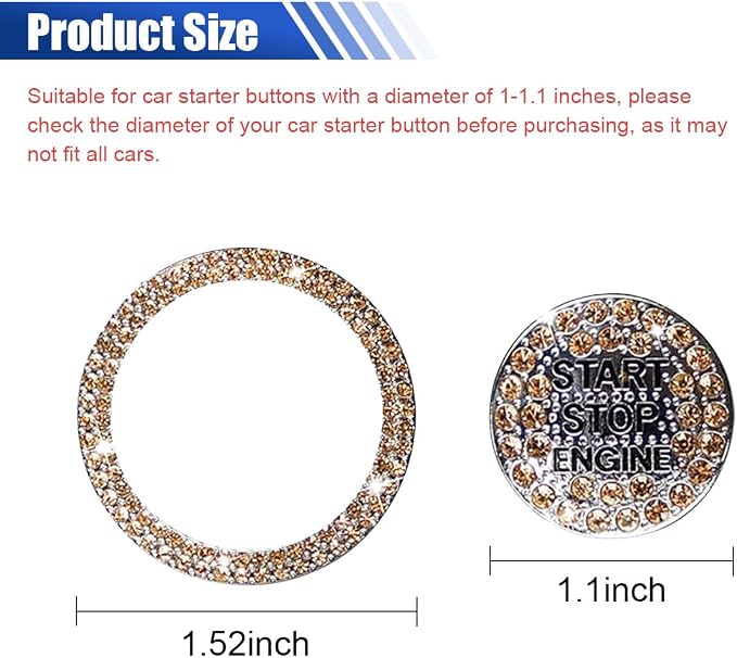 Bling Crystal Car Engine Start Ring Sticker, Sparkling Rhinestone Push Start Button Decorative Cover, Anti-Scratch Key Ignition & Knob Bling Ring Car Interior Accessories for Women (Orange)