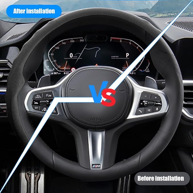 Car Steering Wheel Cover, 15 inch Nappa Leather Anti-Slip & Ultra-Thin 5D Vehicle Steering Wheel Protector, Breathable Automotive Interior Accessories, Universal Fit (Black)
