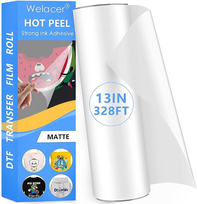 DTF Transfer Film Roll 13 Inch x 328 FT for Double-Side Matte Clear Pretreat Sheets, PET Heat Transfer Paper for Inkjet Printer Direct Print on T Shirts Textile
