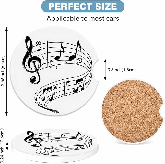 Music Notes Car Cup Holder Coaster 2 Pack Absorbent Ceramic Car Coasters for Cup Holders Car Accessories Interior for Women Men Universal Anti Slip Cork Base Cup Coasters with Finger Notch