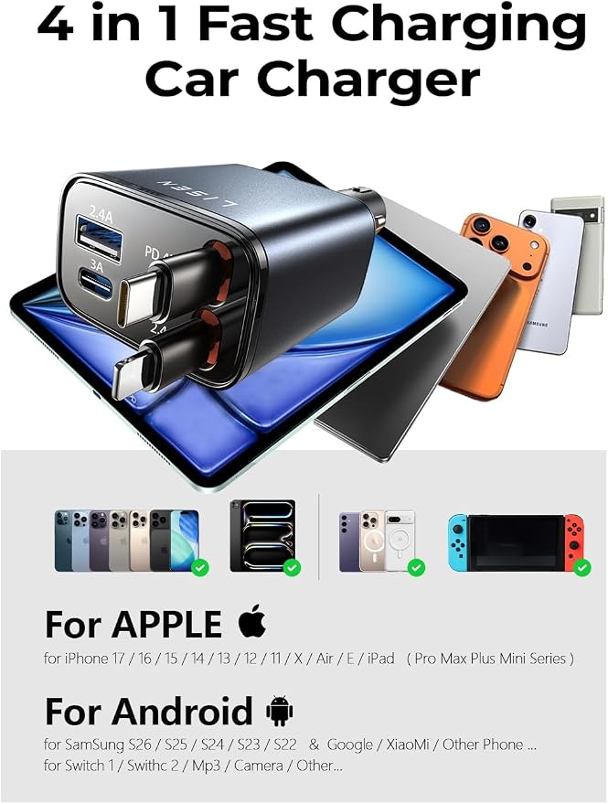 LISEN Retractable Car Charger, 84W Car Charger USB C Fast Charge, Multi Cigarette Lighter Adapter, 4 in 1 Car Accessories Birthday Gifts for Men Women Dad Mom Husband, for iPhone 17 16 15 14 13 12 X