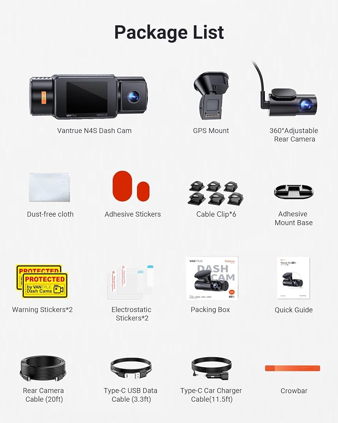 Vantrue New N4S 3 Channel Dash Cam, STARVIS 2 Night Vision, Front Rear Inside Dashcam for Cars, Front and Rear Dual Channel, PlatePix Tech, Parking Mode, Wi-Fi, GPS, 2" IPS, Support 1TB (RC18)