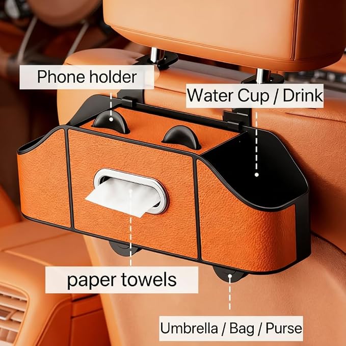 2 Pack 4-in-1 Car Backseat Organizer, PU Leather Headrest Storage Box with Tissue Holder, Dual Cup Holders, Phone Stand & Hooks, Universal Fit for Most Cars, Road Trip Essentials (Orange)