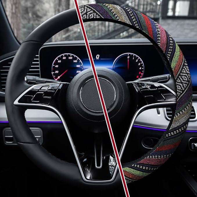 Boho Steering Wheel Cover, Ethnic Style Car Steering Wheel Cover Protector, Anti-Slip Flax Cloth Cover Universal Fits 14.5-15 Inch Steering Wheel, Interior Car Accessories(B Style)