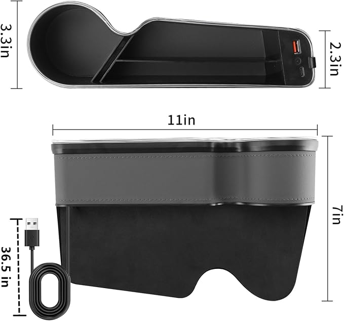 7 Color Led Car Seat Gap Organizer with 56W Type C USB Charging | Multifunctional Front Seat Organizer with Cup Holder Console Organizer Seat Gap Filler with Vibe Lamp for Andriod iPhone Grey