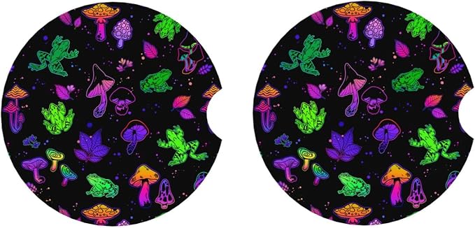 Bright Mushrooms Frogs Absorbent Ceramic Car Coasters 2 Pack Round Insert Cupholder Coaster Car Cup Holder Mat with Finger Notch Anti-Slip Cork Base Reusable Drink Coasters 2.56 in