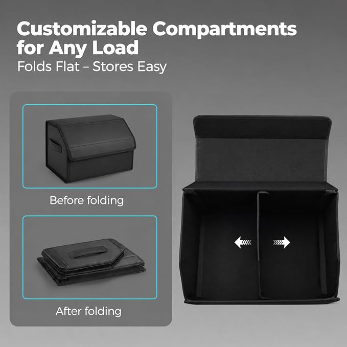 Car Trunk Organizer, Foldable Cargo Storage Box with Hook-and-Loop Lid, Suede & Faux Leather Trunk Organizer for SUV Sedan Truck, Adjustable Divider, Handles, Black, 19.7inches