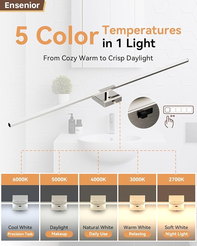Ensenior Modern Brushed Nickel Bathroom Vanity Light 48 inch, Built-in Dimmer, 2100LM Dimmable 5CCT Led Bath Lights, Bar Vanity Light for Bathroom Mirror Cabinets Bedroom-FCC & ETL Certificated