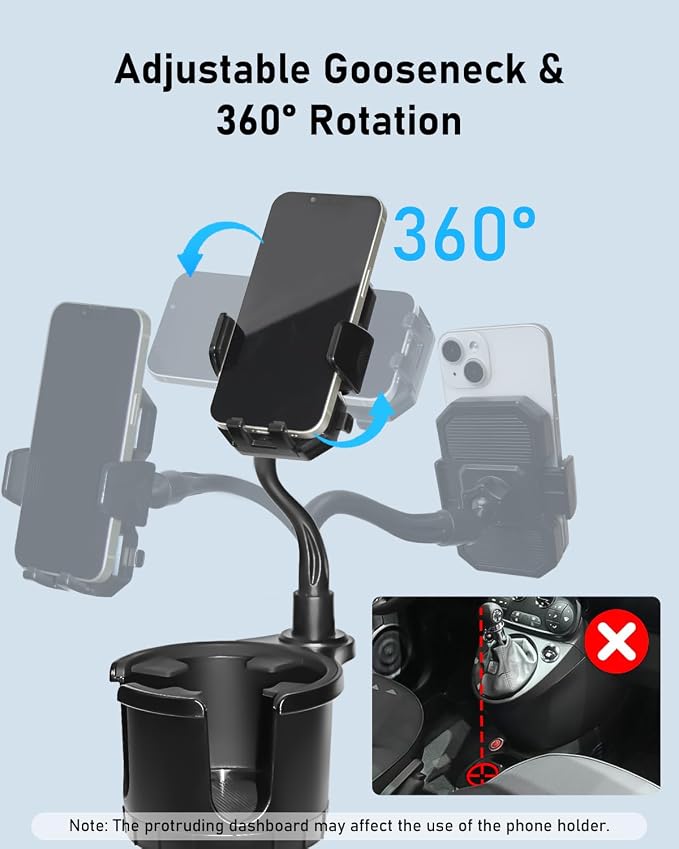Belinous Car Cup Holder Expander with Phone Holder | 2 in 1 Car Phone Mount & Cup Holder, Adjustable 360° Rotation Gooseneck, U-shaped Handle Slot, Fits Phone and Drinking Bottle