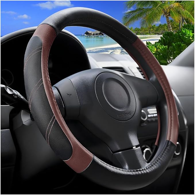 Zpana Car Steering Wheel Cover, 15 Inch Carbon Fiber Leather Non-Slip Steering Wheel Protector with Lining, Breathable Automotive Interior Accessories, Universal for SUV RV Truck (Brown)