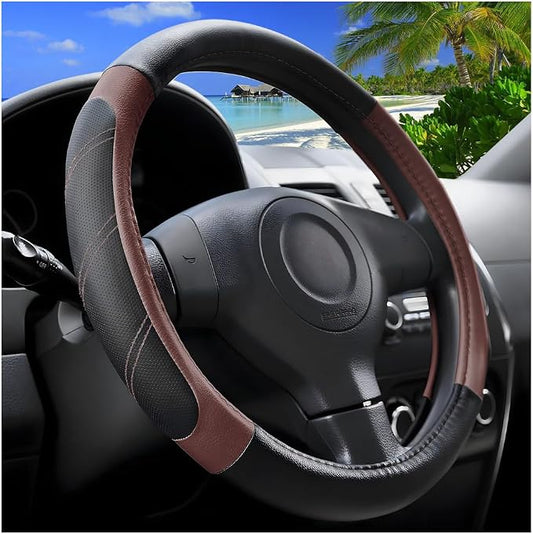 Zpana Car Steering Wheel Cover, 15 Inch Carbon Fiber Leather Non-Slip Steering Wheel Protector with Lining, Breathable Automotive Interior Accessories, Universal for SUV RV Truck (Brown)