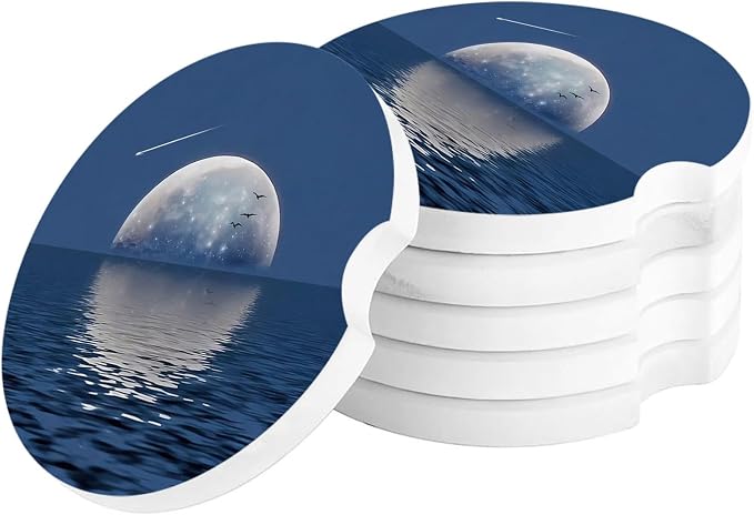 Car Coasters for Cup Holders 2.6" Dia Absorbent Coasters Set of 6 Car Interior Accessories for Women Ceramic Car Coaster for Drinks with Finger Grooves,Full Moon and Meteor Reflection on Sea Surface
