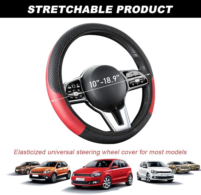 DXNQ Car Steering Wheel Cover, 15 Inch Carbon Fiber Leather Stitching Color Steering Wheel Protector, Anti-Slip Elastic Breathable Steering Wheel Cover Stylish Decor for Most Cars (Black&Red, AD)