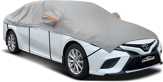 Half Car Cover with Sunroof & Roof Protection, Waterproof All Weather Half Cover for Windshield Snow Sun Rain Dust UV, Cotton Liner Universal Fit Compact Sedan