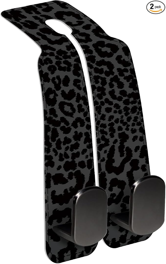 Car Seat Back Storage Headrest Hook, Premium Leather Double Metal Hook, Hanger Storage Organizer for Purse Cloth Bag, Car Interior Accessories Luxury Black Leopard